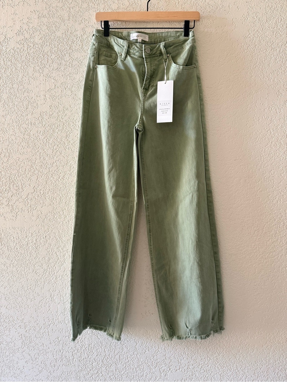 RISEN High Rise Frayed Tummy Control Stretchy Wide Leg Sage Green Jeans Sz 7/28